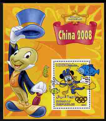 Somalia 2007 Disney - China 2008 Stamp Exhibition #01 perf m/sheet featuring Minnie Mouse & Jiminy Cricket with Olympic rings overprinted in gold foil on stamp, unmounted mint. Note this item is privately produced and is offered purely on its thematic appeal, stamps on , stamps on  stamps on disney, stamps on  stamps on films, stamps on  stamps on cinema, stamps on  stamps on movies, stamps on  stamps on cartoons, stamps on  stamps on stamp exhibitions, stamps on  stamps on scuba, stamps on  stamps on olympics