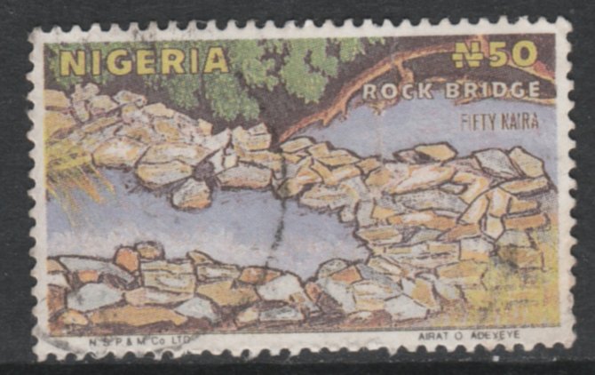 Nigeria 1986-98 Rock Bridge 50k Postally used Forgery, as SG525d, stamps on 