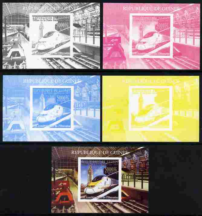 Guinea - Conakry 2009 15th Anniversary of Eurostar #4 individual deluxe sheet as Michel 7159 - the set of 5 imperf progressive proofs comprising the 4 individual colours plus all 4-colour composite, unmounted mint , stamps on , stamps on  stamps on railways, stamps on  stamps on london, stamps on  stamps on clocks
