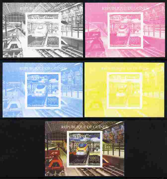 Guinea - Conakry 2009 15th Anniversary of Eurostar #5 individual deluxe sheet as Michel 7160 - the set of 5 imperf progressive proofs comprising the 4 individual colours plus all 4-colour composite, unmounted mint , stamps on railways, stamps on london, stamps on 
