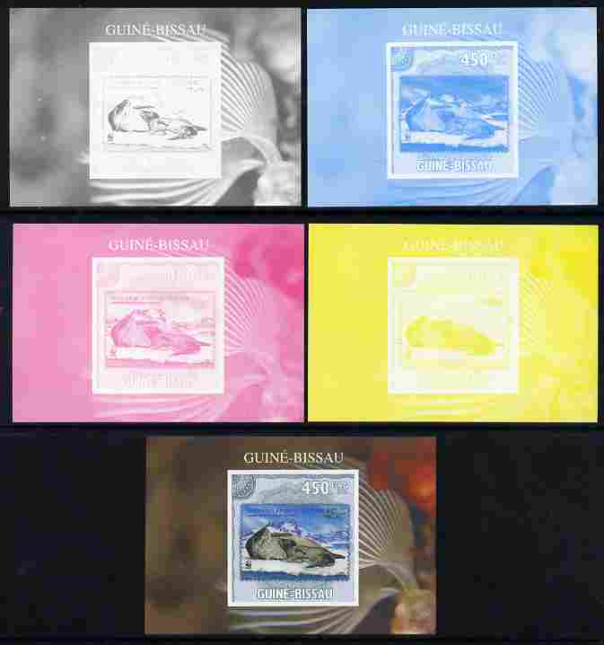 Guinea - Bissau 2010 WWF - Stamp On Stamp #1 - Leopard Seal (AAT) individual deluxe sheet - the set of 5 imperf progressive proofs comprising the 4 individual colours plus all 4-colour composite, unmounted mint , stamps on animals, stamps on  wwf , stamps on stamponstamp, stamps on stamp on stamp, stamps on marine life