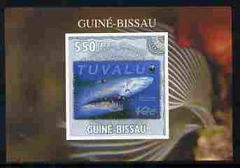 Guinea - Bissau 2010 WWF - Stamp On Stamp #2 - Tiger Shark (Tuvalu) individual imperf deluxe sheet unmounted mint. Note this item is privately produced and is offered pur..., stamps on animals, stamps on  wwf , stamps on stamponstamp, stamps on stamp on stamp, stamps on fish, stamps on sharks