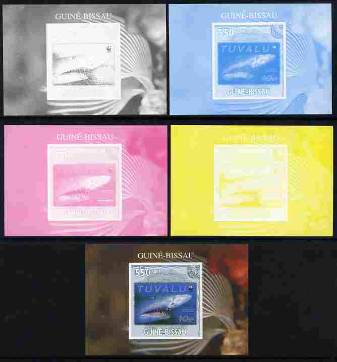 Guinea - Bissau 2010 WWF - Stamp On Stamp #2 - Tiger Shark (Tuvalu) individual deluxe sheet - the set of 5 imperf progressive proofs comprising the 4 individual colours p..., stamps on animals, stamps on  wwf , stamps on stamponstamp, stamps on stamp on stamp, stamps on fish, stamps on sharks