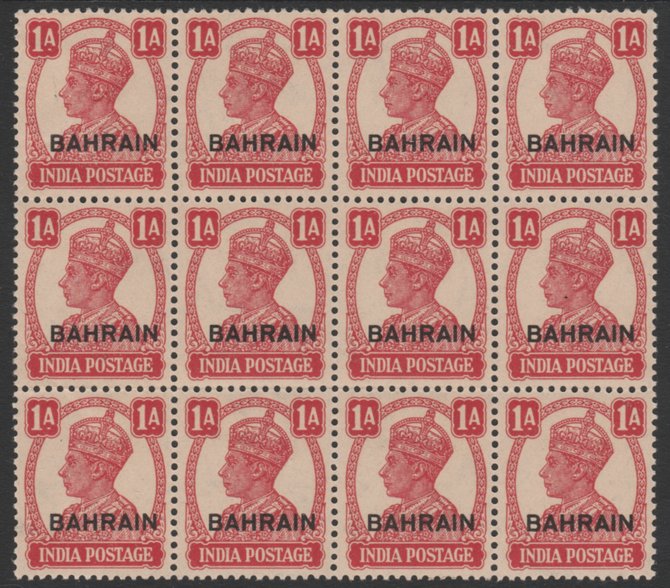 Bahrain 1942-45 KG6 opt on India 1a carmine fine block of 12 unmounted mint but light overall toning and slight gum disturbance on top left stamp (top right as seen from ..., stamps on 
