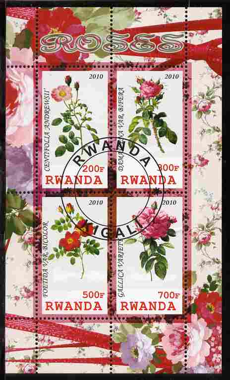 Rwanda 2010 Flowers - Roses perf sheetlet containing 4 values fine cto used, stamps on flowers, stamps on roses