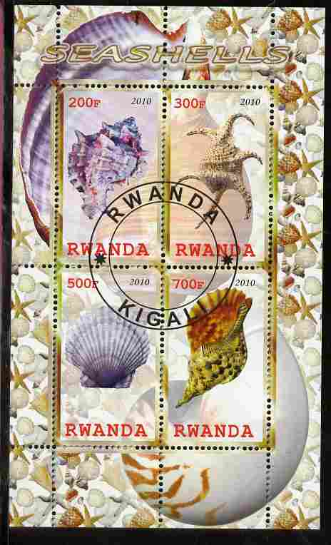 Rwanda 2010 Seashells perf sheetlet containing 4 values fine cto used, stamps on marine life, stamps on shells
