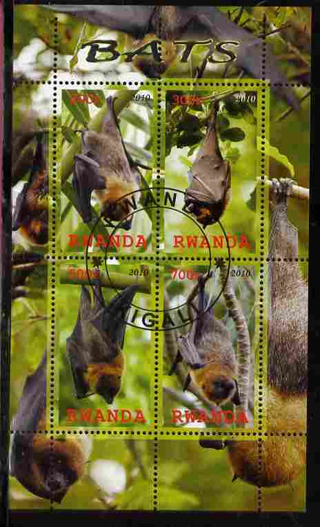 Rwanda 2010 Bats perf sheetlet containing 4 values fine cto used, stamps on mammals, stamps on bats