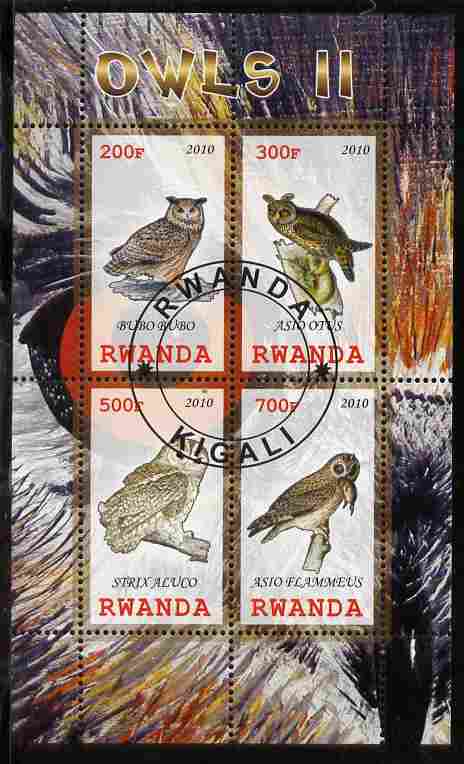 Rwanda 2010 Owls #2 perf sheetlet containing 4 values fine cto used, stamps on birds, stamps on birds of prey, stamps on owls