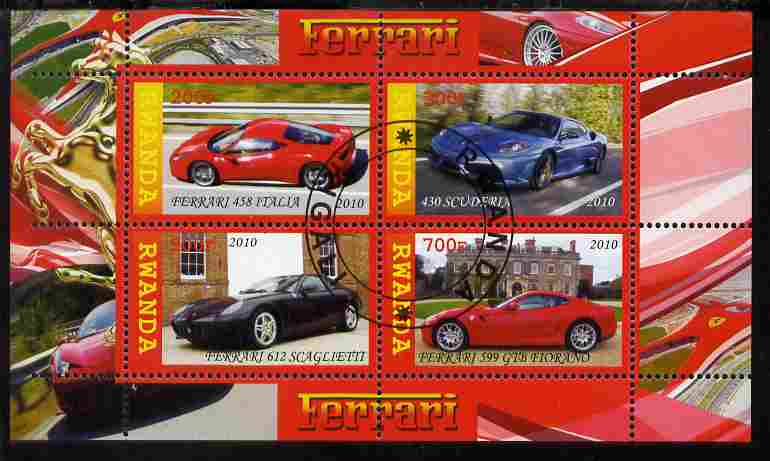 Rwanda 2010 Ferrari Cars perf sheetlet containing 4 values fine cto used, stamps on , stamps on  stamps on cars, stamps on  stamps on ferrari