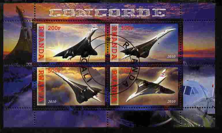 Rwanda 2010 Concorde perf sheetlet containing 4 values fine cto used, stamps on aviation, stamps on concorde