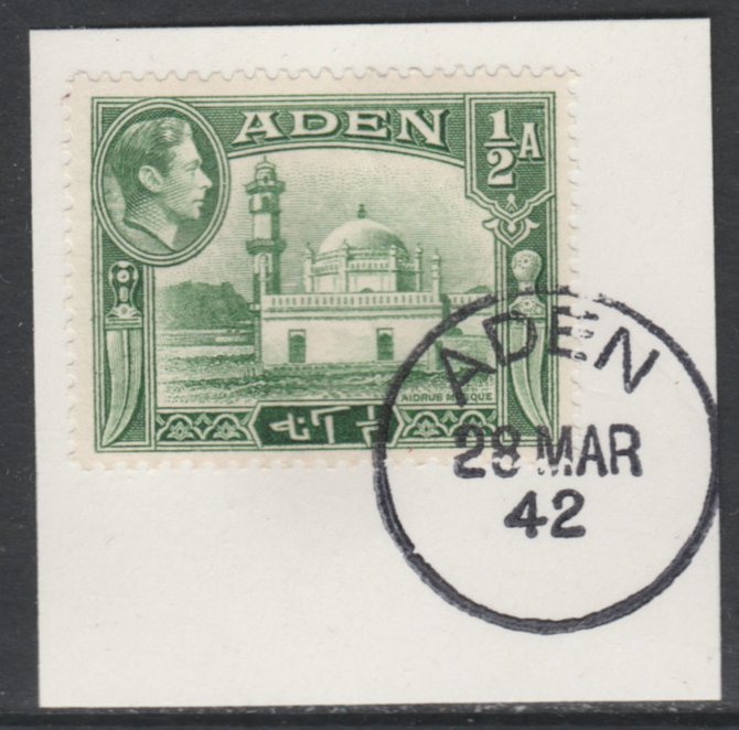 Aden 1939-48 KG6 Aidrus Mosque 1/2a yellowish-green on piece with full strike of Madame Joseph forged postmark type 3, stamps on religion, stamps on  kg6 , stamps on mosques, stamps on islam