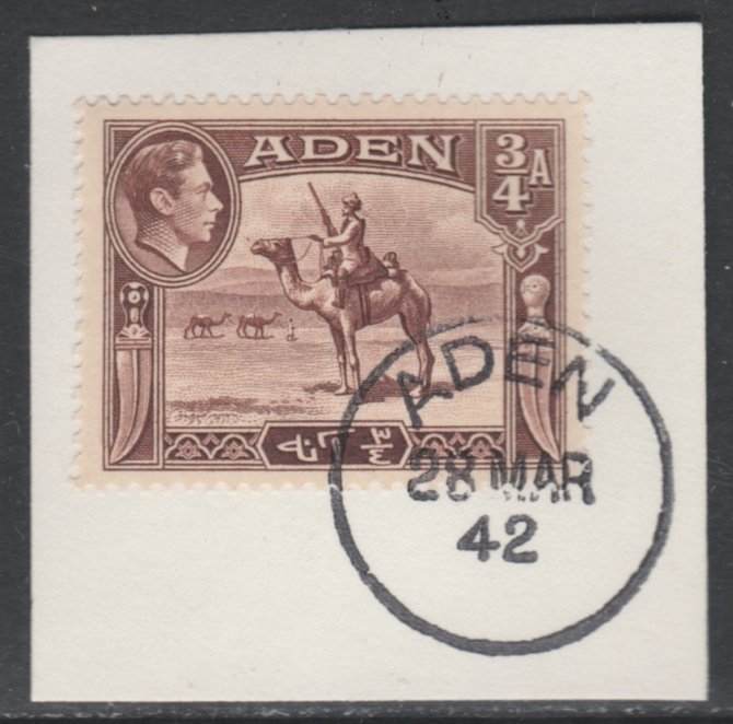Aden 1939-48 KG6 Camel Corps 3/4a red-brown on piece with full strike of Madame Joseph forged postmark type 3, stamps on animals, stamps on camels, stamps on militaria, stamps on  kg6 , stamps on 