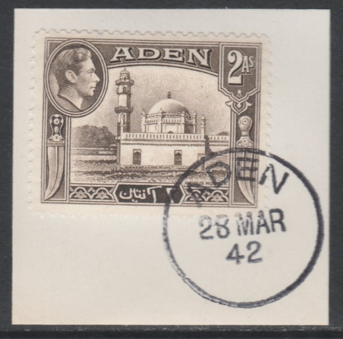 Aden 1939-48 KG6 Airdrus Mosque 2a sepia on piece with full strike of Madame Joseph forged postmark type 3, stamps on animals, stamps on camels, stamps on militaria, stamps on  kg6 , stamps on 