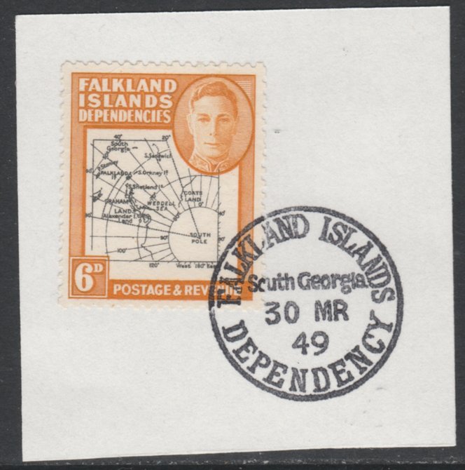Falkland Islands Dependencies 1946-49 KG6 Thick Maps 6d on piece with full strike of Madame Joseph forged postmark type 158, SG G6, stamps on , stamps on  kg6 , stamps on maps  