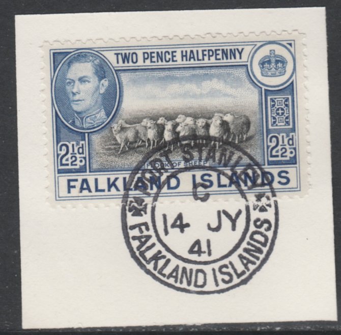 Falkland Islands 1938-50 KG6 Flock of Sheep 2.5d SG 151 on piece with full strike of Madame Joseph forged postmark type 156, stamps on , stamps on  stamps on sheep, stamps on ovine, stamps on  stamps on  kg6 , stamps on  stamps on 