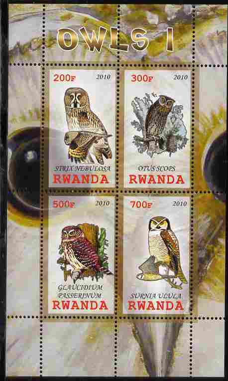 Rwanda 2010 Owls #1 perf sheetlet containing 4 values unmounted mint, stamps on birds, stamps on birds of prey, stamps on owls