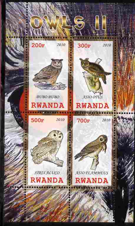Rwanda 2010 Owls #2 perf sheetlet containing 4 values unmounted mint, stamps on , stamps on  stamps on birds, stamps on  stamps on birds of prey, stamps on  stamps on owls