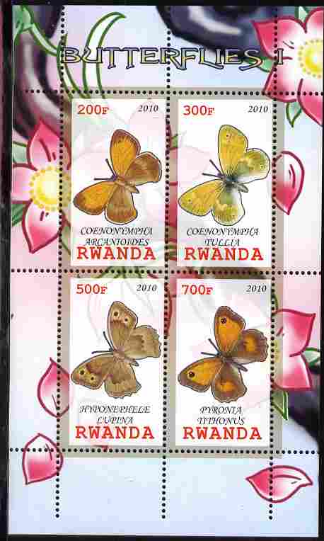Rwanda 2010 Butterflies #1 perf sheetlet containing 4 values unmounted mint, stamps on butterflies