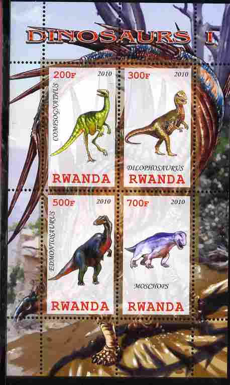 Rwanda 2010 Dinosaurs #1 perf sheetlet containing 4 values unmounted mint, stamps on dinosaurs