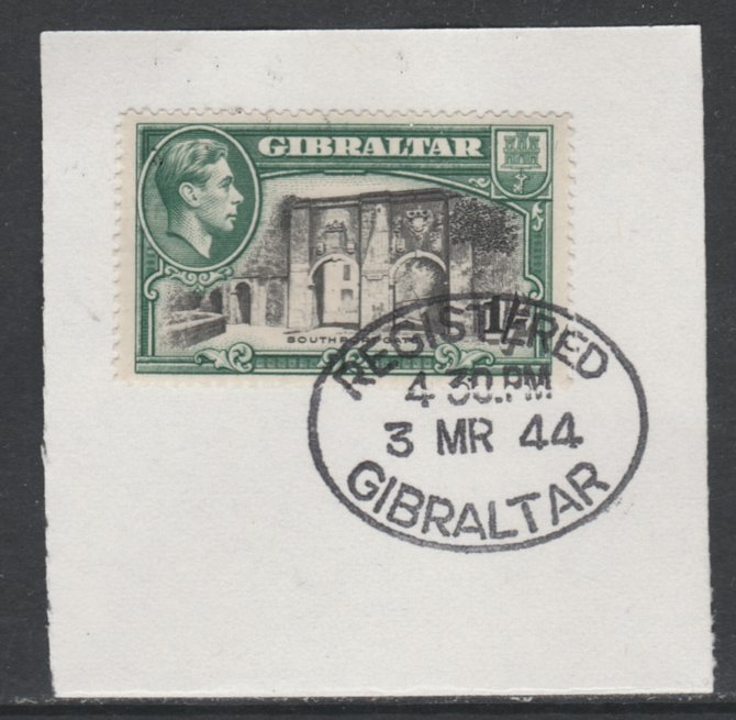 Gibraltar 1938-51 KG6 1s black & green on piece with full strike of Madame Joseph forged postmark type 188, SG 127, stamps on , stamps on  kg6 , stamps on 