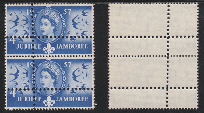 Great Britain 1957 World Scout Jamboree 4d unmounted mint vertical pair with perforations doubled (stamps are quartered). Note: the stamps are genuine but the additional perfs are a slightly different gauge identifying it to be a forgery., stamps on scouts, stamps on forgery, stamps on forgeries