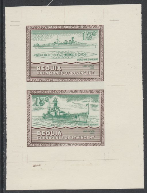 St Vincent - Bequia 1985 Warships of World War 2, 15c HMS Hood individual imperf se-tenant colour trial proof in green & brown with buff background, ex Format International archives, stamps on ships, stamps on  ww2 , stamps on 