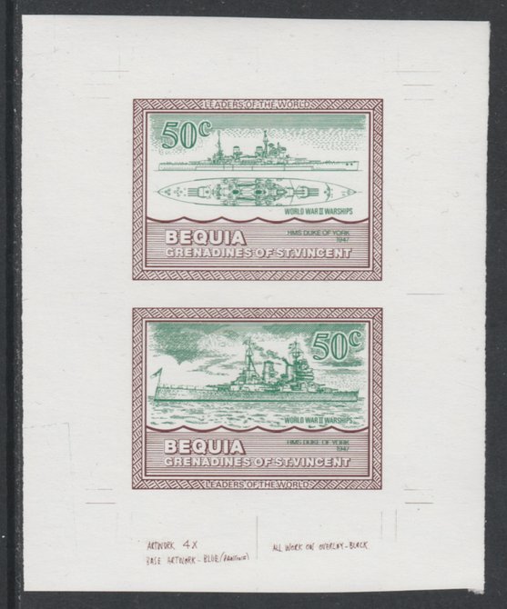 St Vincent - Bequia 1985 Warships of World War 2, 50c HMS Duke of York individual imperf se-tenant colour trial proof in green & brown with white background, ex Format International archives, stamps on ships, stamps on  ww2 , stamps on 