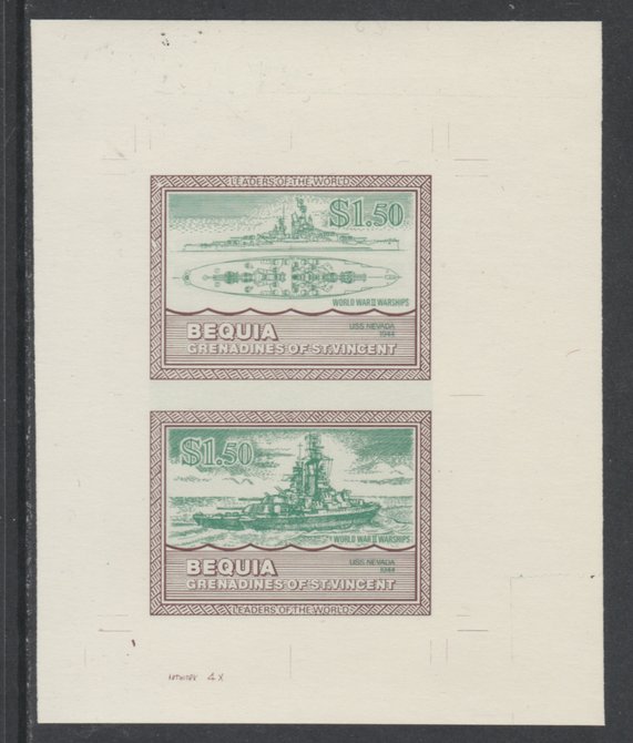 St Vincent - Bequia 1985 Warships of World War 2, $1.50 USS Nevada individual imperf se-tenant colour trial proof in green & brown with buff background, ex Format International archives, stamps on ships, stamps on  ww2 , stamps on 