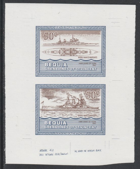 St Vincent - Bequia 1985 Warships of World War 2, 50c HMS Duke of York individual imperf se-tenant colour trial proof in purple-brown and blue with white background, ex Format International archives, stamps on ships, stamps on  ww2 , stamps on 