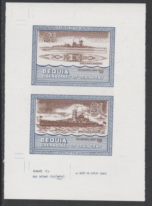 St Vincent - Bequia 1985 Warships of World War 2, $1 KM Admiral Graf Spee individual imperf se-tenant colour trial proof in purple-brown and blue with white background, ex Format International archives, stamps on ships, stamps on  ww2 , stamps on 