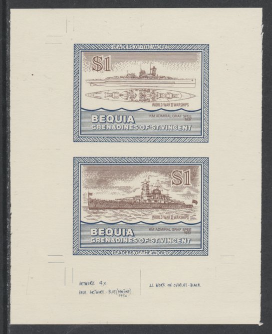 St Vincent - Bequia 1985 Warships of World War 2, $1 KM Admiral Graf Spee individual imperf se-tenant colour trial proof in purple-brown and blue with buff background, ex Format International archives, stamps on ships, stamps on  ww2 , stamps on 