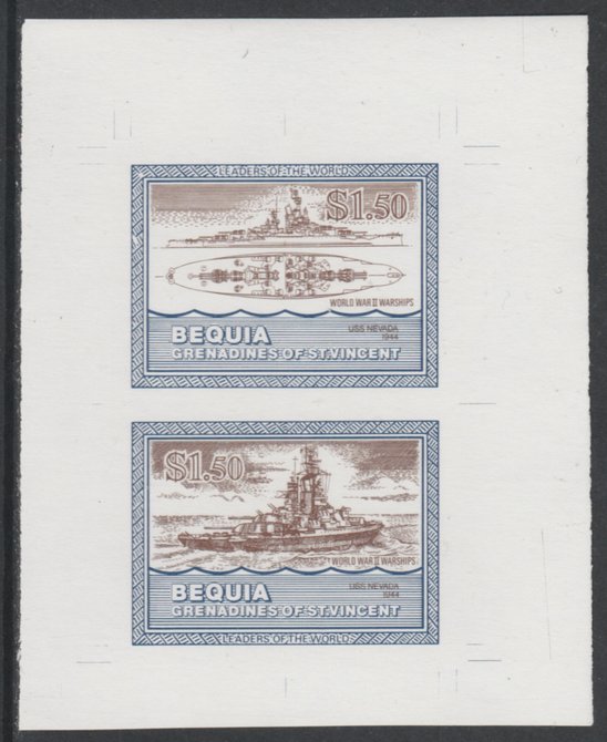 St Vincent - Bequia 1985 Warships of World War 2, $1.50 USS Nevada individual imperf se-tenant colour trial proof in purple-brown and blue with white background, ex Format International archives, stamps on ships, stamps on  ww2 , stamps on 