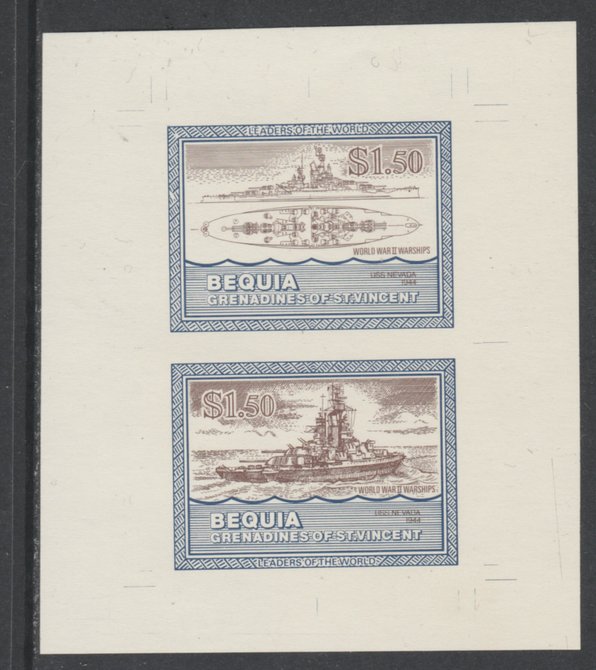 St Vincent - Bequia 1985 Warships of World War 2, $1.50 USS Nevada individual imperf se-tenant colour trial proof in purple-brown and blue with buff background, ex Format International archives, stamps on , stamps on  stamps on ships, stamps on  stamps on  ww2 , stamps on  stamps on 