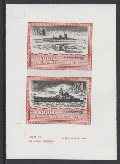 St Vincent - Bequia 1985 Warships of World War 2, $1 KM Admiral Graf Spee individual imperf se-tenant colour trial proof in issued colours with white background, ex Format International archives, stamps on ships, stamps on  ww2 , stamps on 