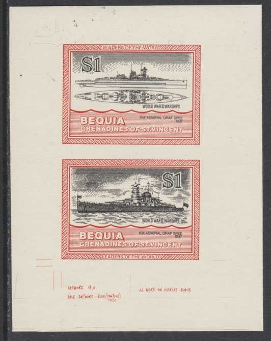 St Vincent - Bequia 1985 Warships of World War 2, $1 KM Admiral Graf Spee individual imperf se-tenant colour trial proof in issued colours with buff background, ex Format International archives, stamps on ships, stamps on  ww2 , stamps on 