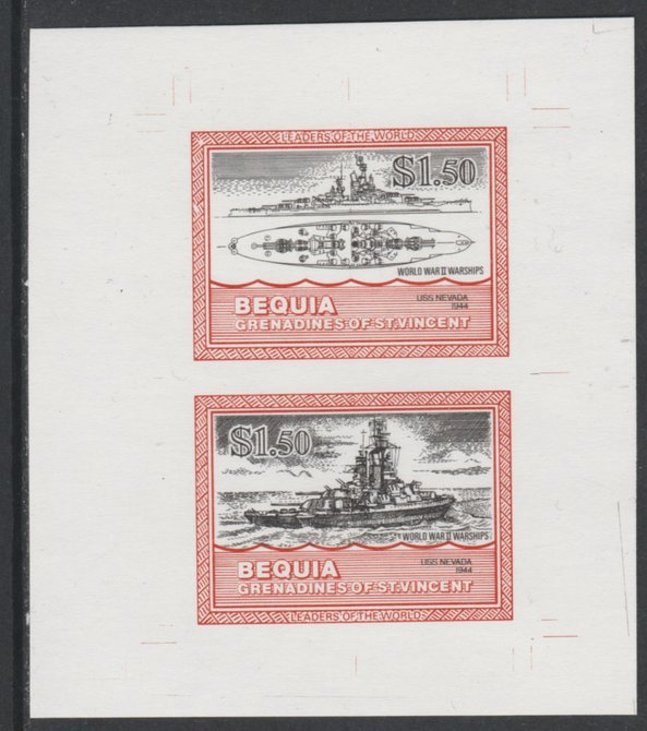 St Vincent - Bequia 1985 Warships of World War 2, $1.50 USS Nevada individual imperf se-tenant colour trial proof in black and orange (the colours of the issued $1) with white background, ex Format International archives, stamps on ships, stamps on  ww2 , stamps on 