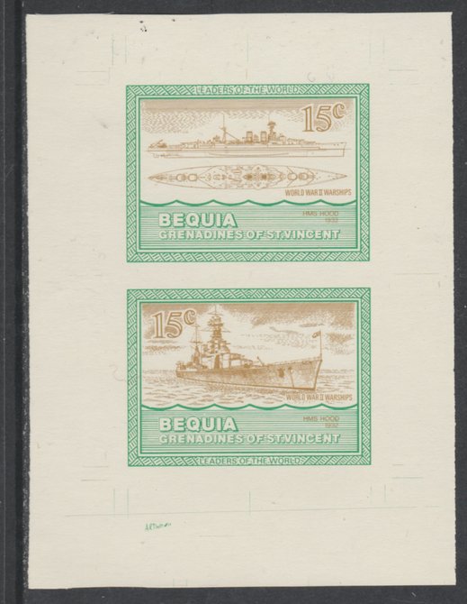 St Vincent - Bequia 1985 Warships of World War 2, 15c HMS Hood individual imperf se-tenant colour trial proof in orange-brown and green with buff background, ex Format International archives, stamps on ships, stamps on  ww2 , stamps on 