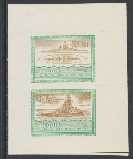 St Vincent - Bequia 1985 Warships of World War 2, $1.50 USS Nevada individual imperf se-tenant colour trial proof in orange-brown and green with buff background, ex Format International archives, stamps on ships, stamps on  ww2 , stamps on 
