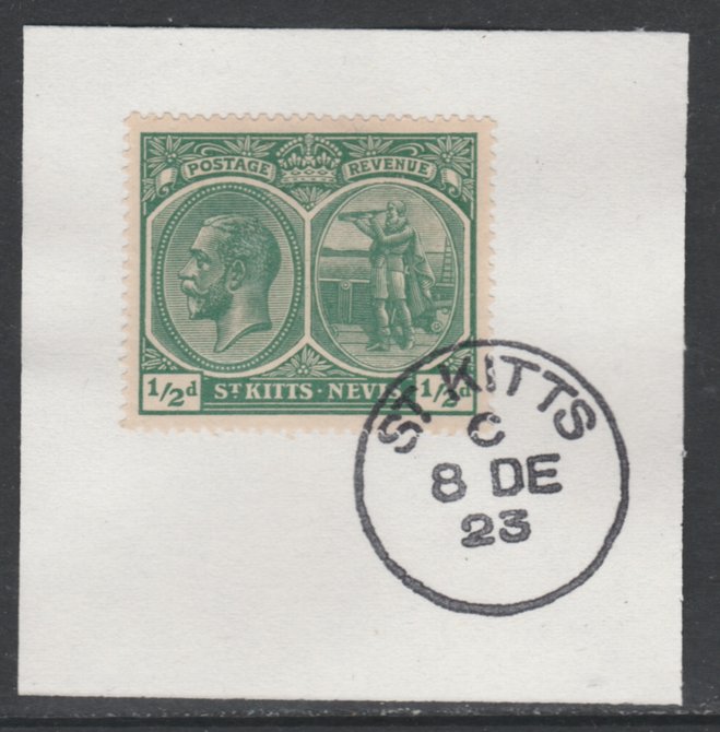St Kitts-Nevis 1920-22 KG5 Columbus 1/2d blue-green SG24/37 on piece with full strike of Madame Joseph forged postmark type 347, stamps on , stamps on  kg5 , stamps on columbus, stamps on explorers