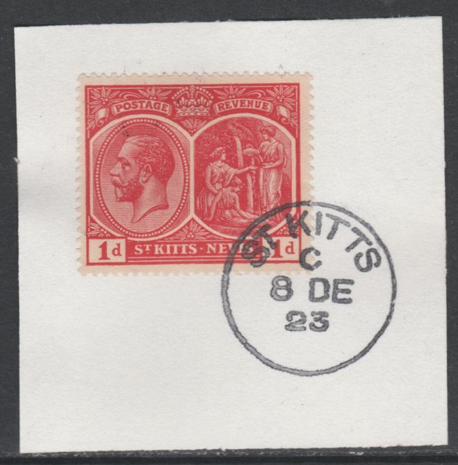 St Kitts-Nevis 1920-22 KG5 Medicinal Spring 1d scarlet SG25/38 on piece with full strike of Madame Joseph forged postmark type 347, stamps on , stamps on  kg5 , stamps on 