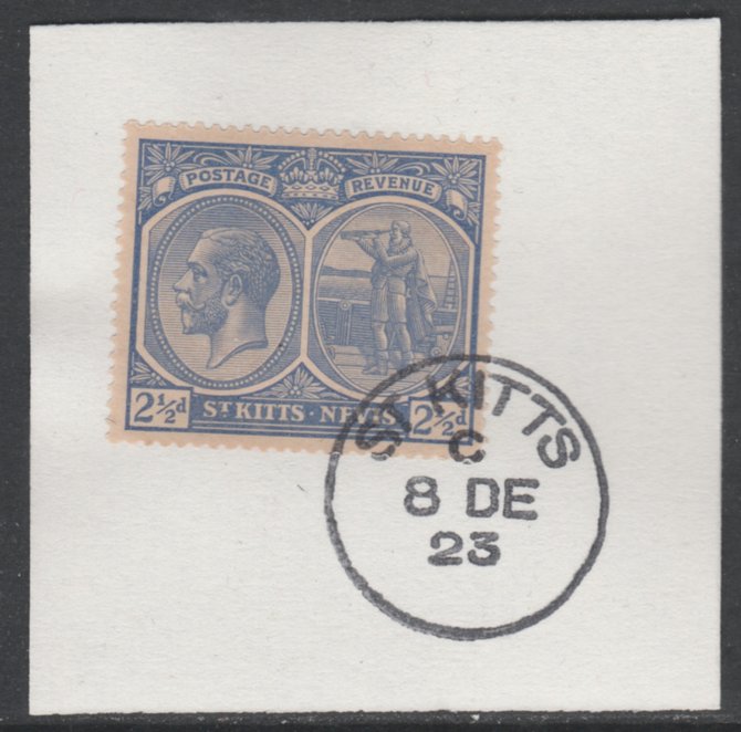 St Kitts-Nevis 1920-22 KG5 Columbus 2.5d ultramarine SG 28/42/44 on piece with full strike of Madame Joseph forged postmark type 347, stamps on , stamps on  kg5 , stamps on columbus, stamps on explorers