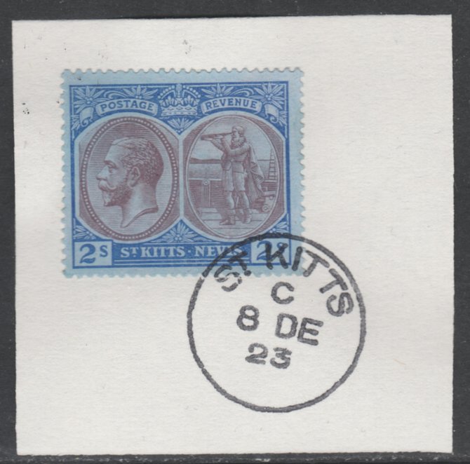 St Kitts-Nevis 1920-22 KG5 Columbus 2s purple & blue on blue SG32/47 on piece with full strike of Madame Joseph forged postmark type 347, stamps on , stamps on  kg5 , stamps on columbus, stamps on explorers