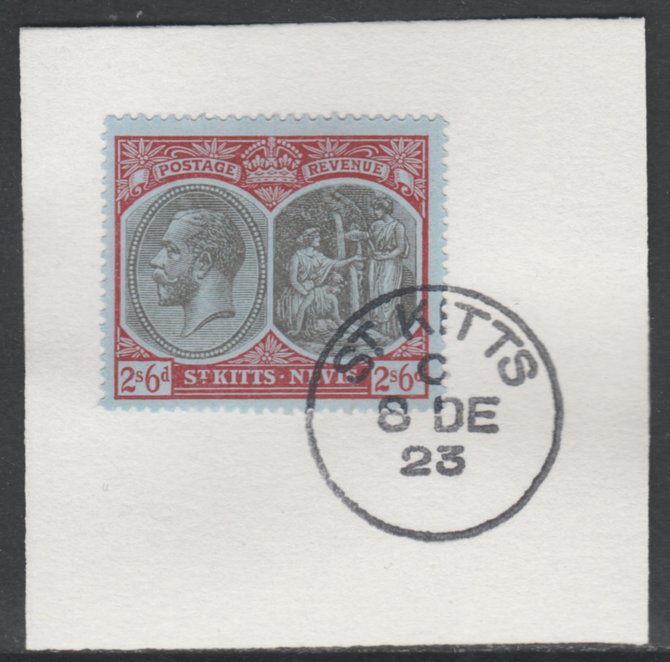 St Kitts-Nevis 1920-22 KG5 Medicinal Spring 2s6d grey & red on blue SG 33/47 on piece with full strike of Madame Joseph forged postmark type 347, stamps on , stamps on  kg5 , stamps on 