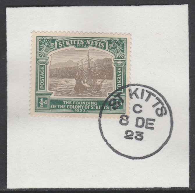 St Kitts-Nevis 1923 KG5 Tercentenary 1/2d SG 48 on piece with full strike of Madame Joseph forged postmark type 347, stamps on , stamps on  kg5 , stamps on 