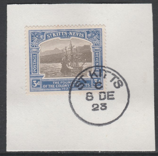 St Kitts-Nevis 1923 KG5 Tercentenary 3d SG 53 on piece with full strike of Madame Joseph forged postmark type 347, stamps on , stamps on  kg5 , stamps on 