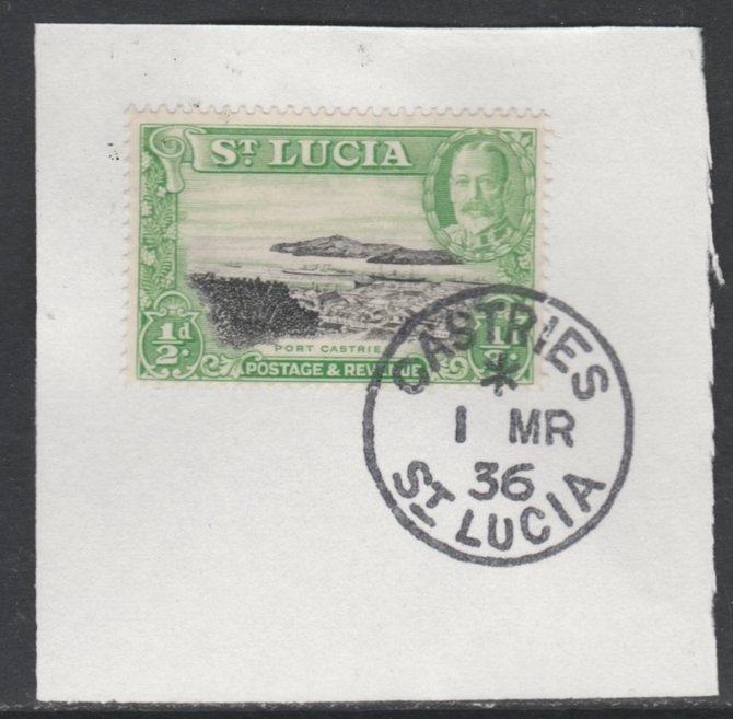St Lucia 1936 KG5 Pictorial 1/2d black & green SG 113 on piece with full strike of Madame Joseph forged postmark type 359, stamps on , stamps on  kg5 , stamps on ports