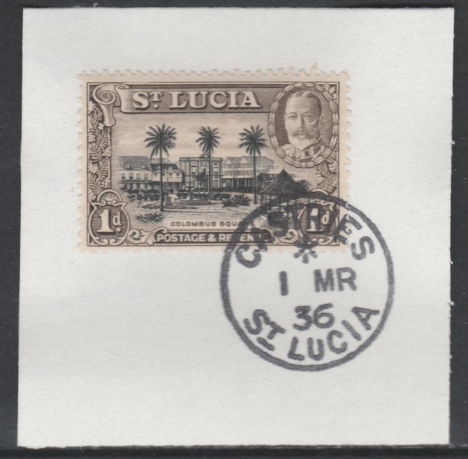 St Lucia 1936 KG5 Pictorial 1d black & brown SG 114 on piece with full strike of Madame Joseph forged postmark type 359, stamps on , stamps on  kg5 , stamps on columbus
