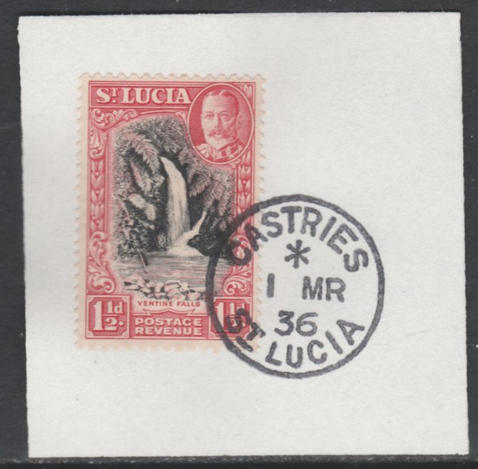 St Lucia 1936 KG5 Pictorial 1.5d black & scarlet SG 115 on piece with full strike of Madame Joseph forged postmark type 359, stamps on , stamps on  kg5 , stamps on waterfalls