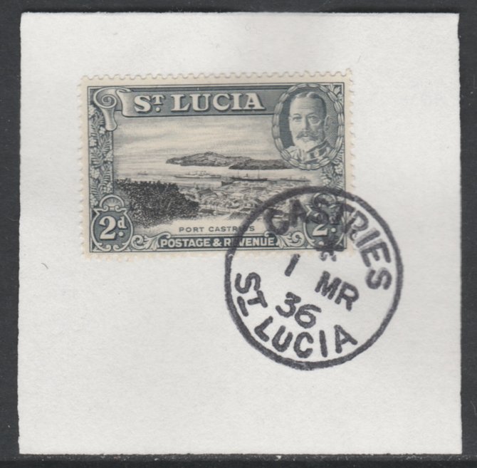 St Lucia 1936 KG5 Pictorial 2d black & grey SG 116 on piece with full strike of Madame Joseph forged postmark type 359, stamps on , stamps on  kg5 , stamps on ports