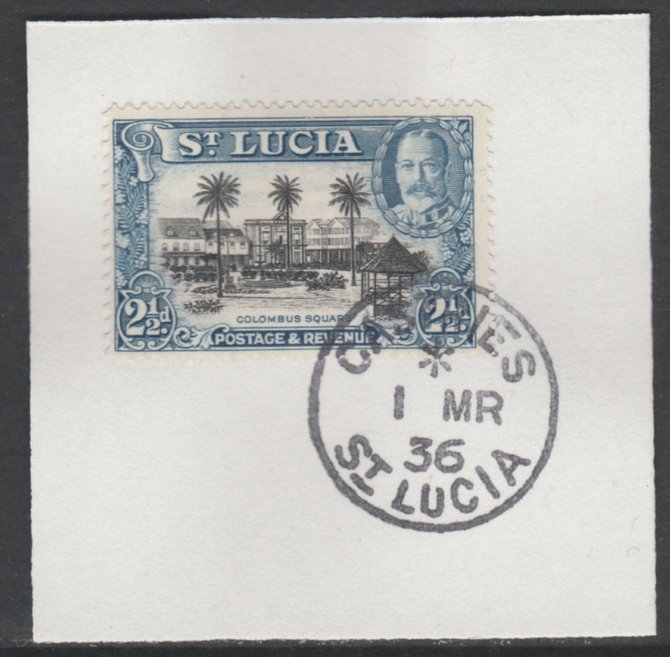 St Lucia 1936 KG5 Pictorial 2.5d black & blue SG 117 on piece with full strike of Madame Joseph forged postmark type 359, stamps on , stamps on  kg5 , stamps on columbus